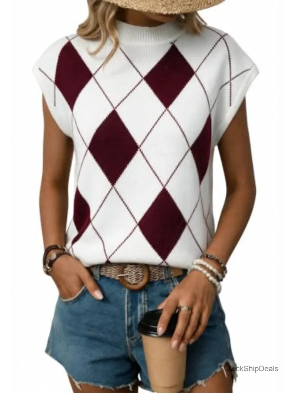 Women's Short Sleeve Floral Sweater Mock Neck Lightweight Knit Top